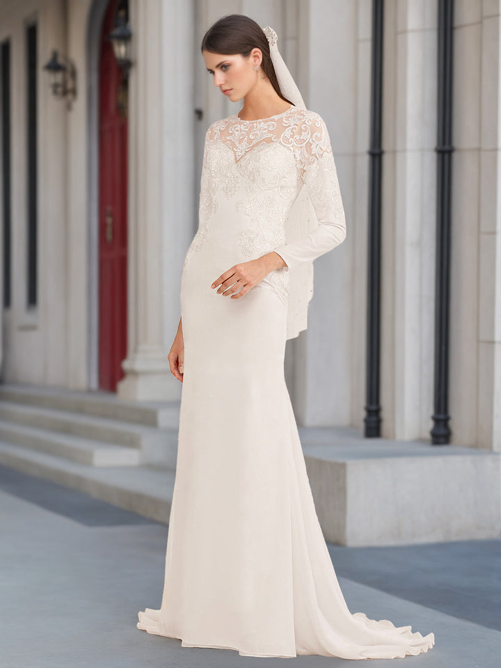 A-Line/Princess Scoop Neck Long Sleeves Floor-length Wedding Dress with Appliques