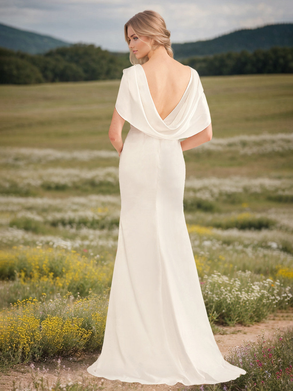 Sheath/Column V-Neck sleeveless Floor-Length Wedding Dresses with Ruffles & Split Side