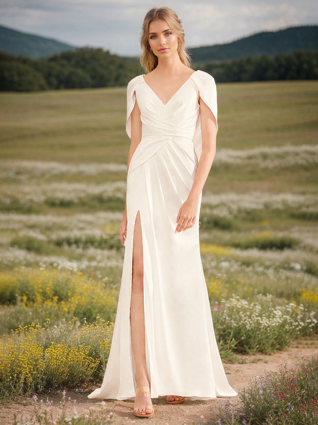 Sheath/Column V-Neck sleeveless Floor-Length Wedding Dresses with Ruffles & Split Side