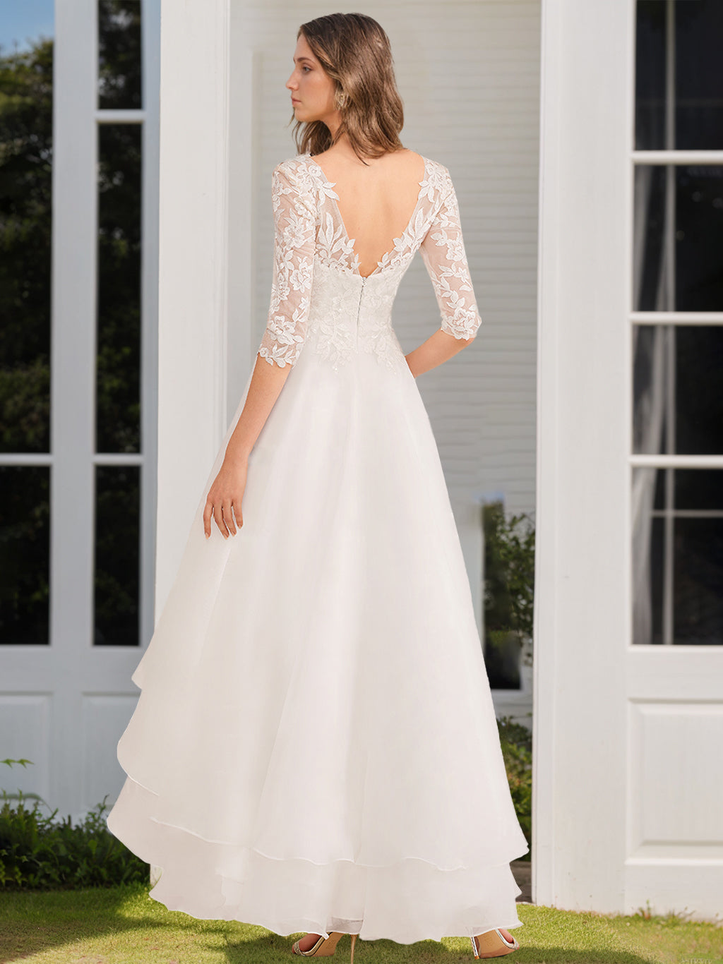 A-Line/Princess V-Neck Half Sleeves Asymmetrical Wedding Dress with Appliques