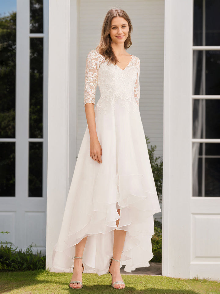 A-Line/Princess V-Neck Half Sleeves Asymmetrical Wedding Dress with Appliques