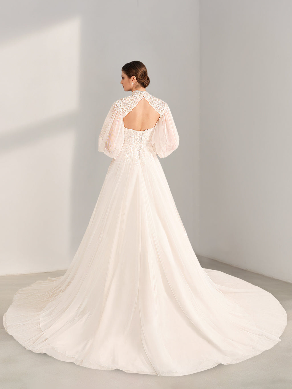 A Line/Princess Halter Neck Long Sleeves Floor-Length Long Wedding Dress with Lace & Appliques