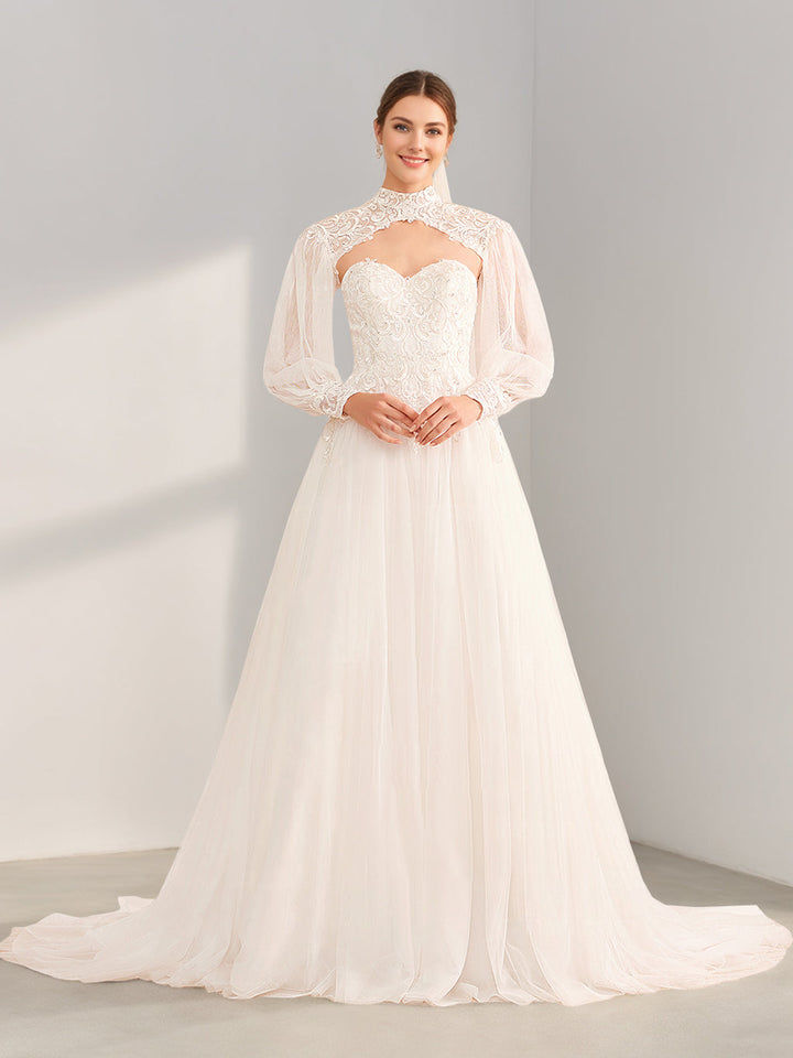 A Line/Princess Halter Neck Long Sleeves Floor-Length Long Wedding Dress with Lace & Appliques