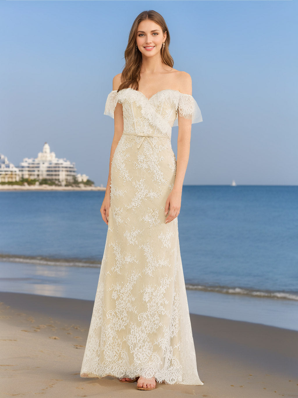 A-Line/Princess Off-the-Shoulder Sweetheart Floor-Length Wedding Dress with Appliques