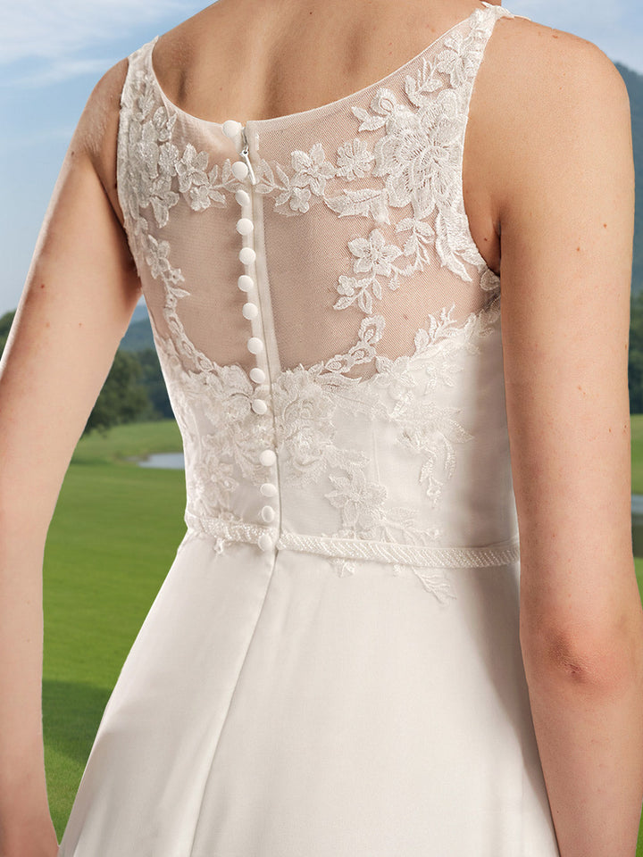 A-Line/Princess Scoop Neck Sleeveless Floor-length Wedding Dress with  Lace Appliques