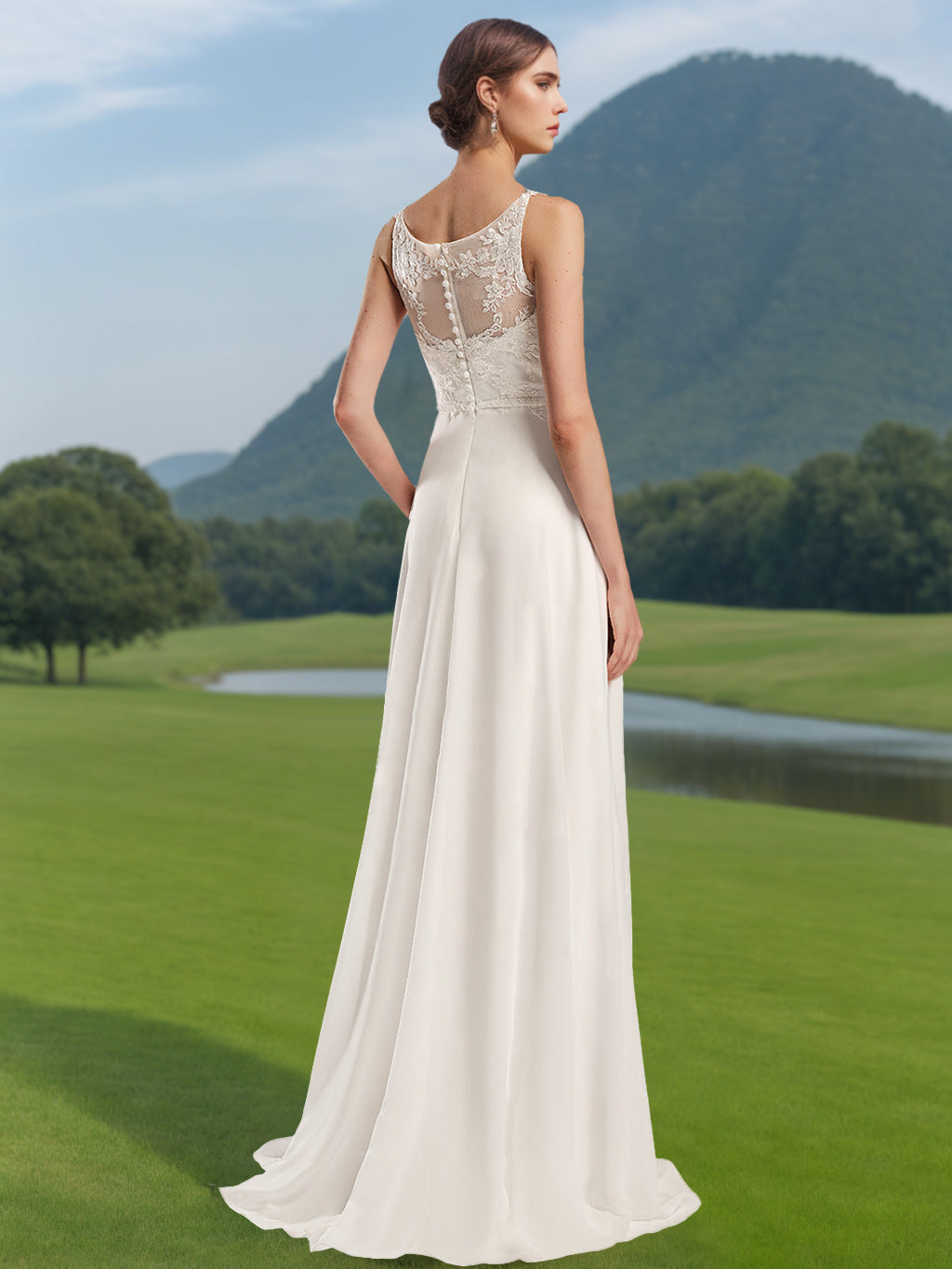 A-Line/Princess Scoop Neck Sleeveless Floor-length Wedding Dress with  Lace Appliques