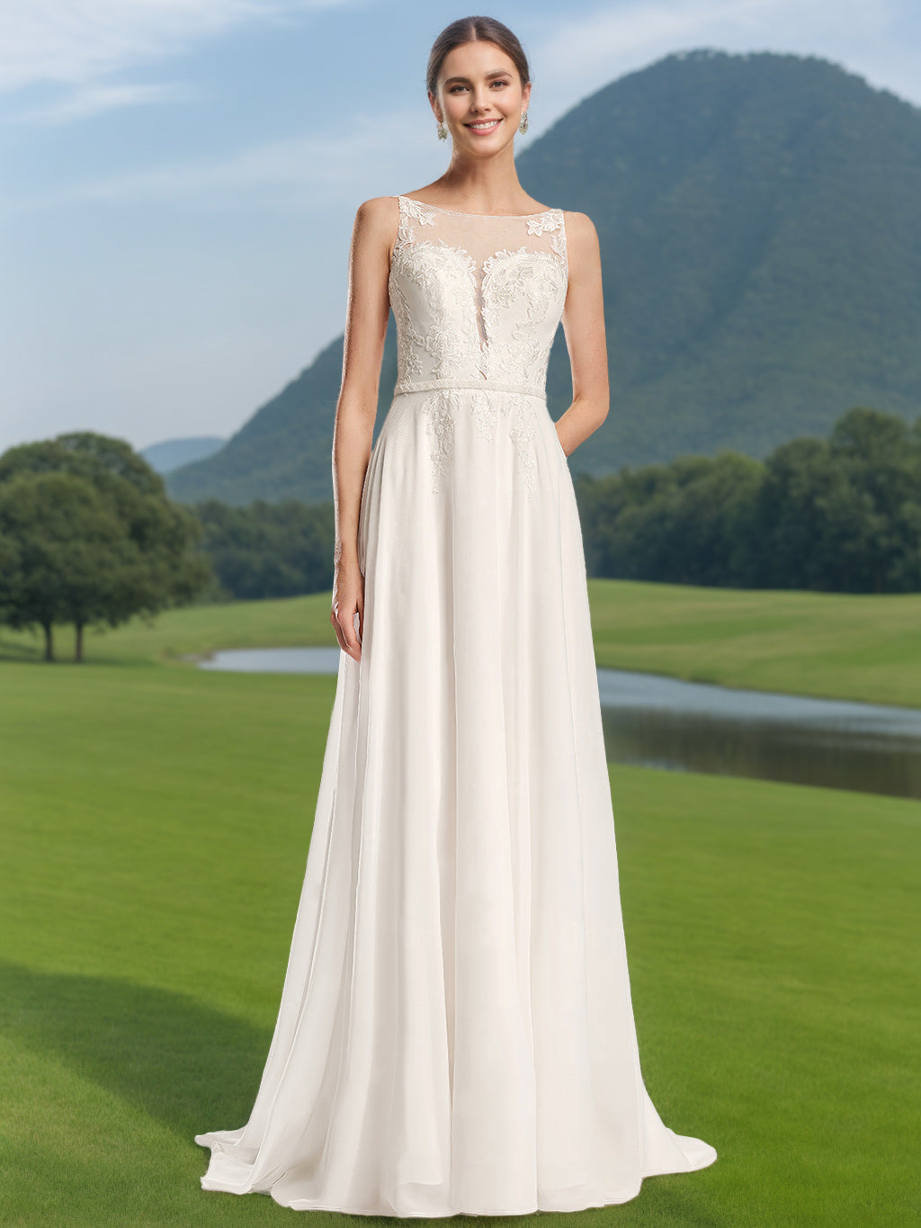 A-Line/Princess Scoop Neck Sleeveless Floor-length Wedding Dress with  Lace Appliques