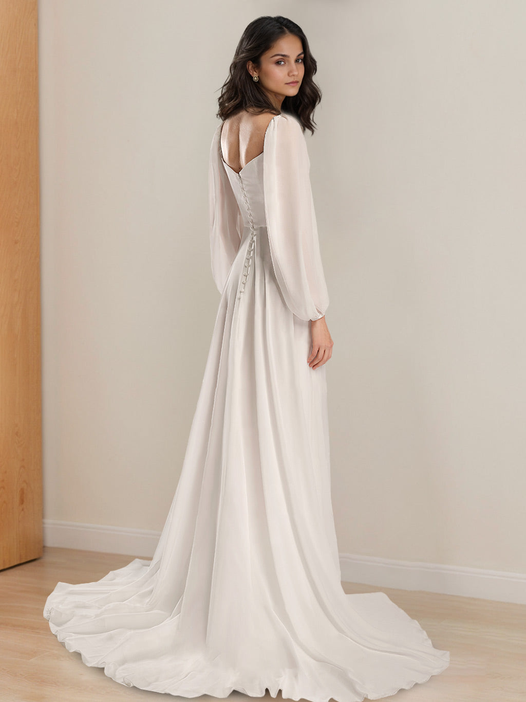 A-Line/Princess V-Neck Long Sleeves Floor-length Wedding Dress