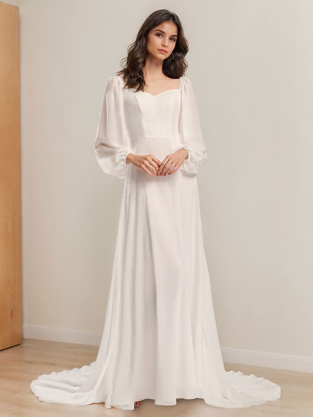 A-Line/Princess V-Neck Long Sleeves Floor-length Wedding Dress