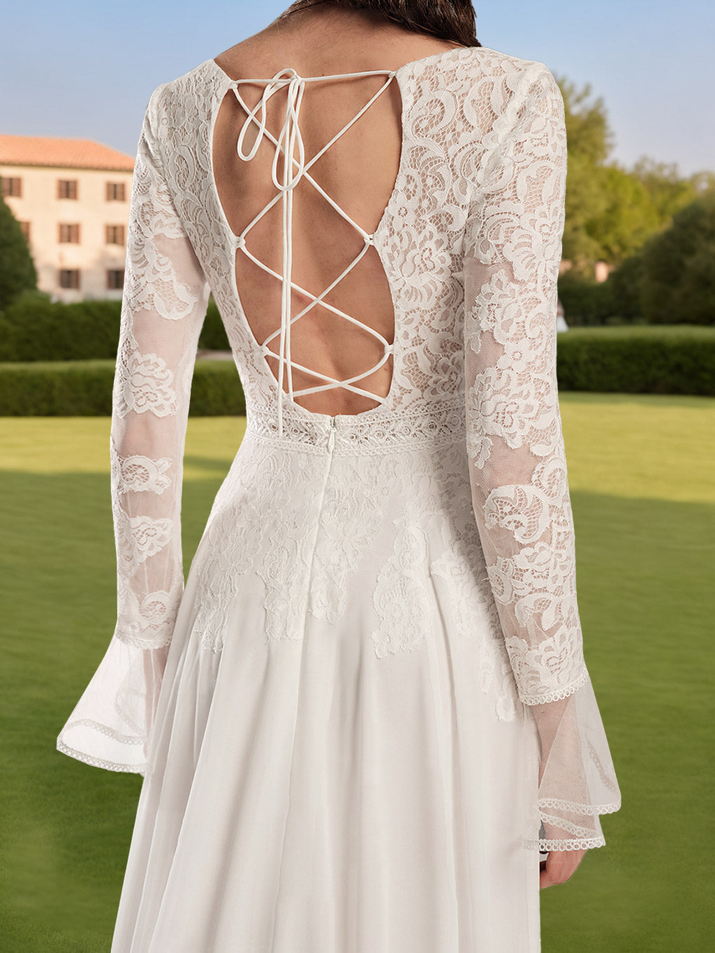 A-Line/Princess Deep V-Neck Long Sleeves Floor Length Wedding Dress with Lace Appliques