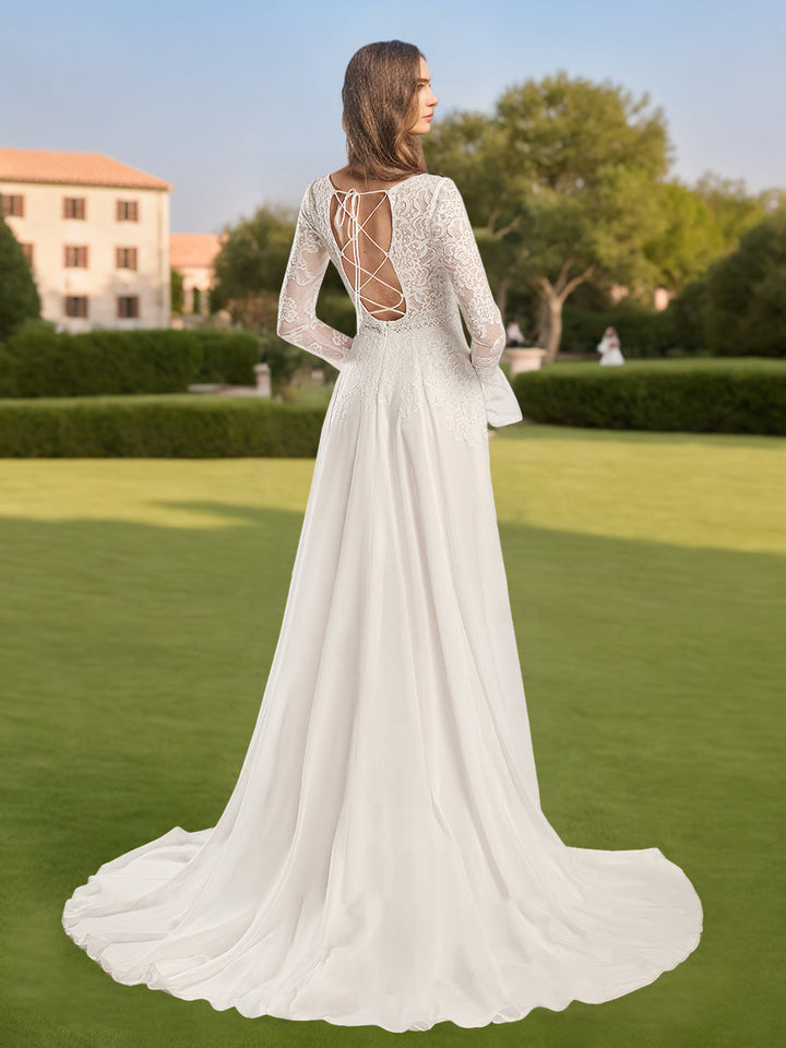 A-Line/Princess Deep V-Neck Long Sleeves Floor Length Wedding Dress with Lace Appliques