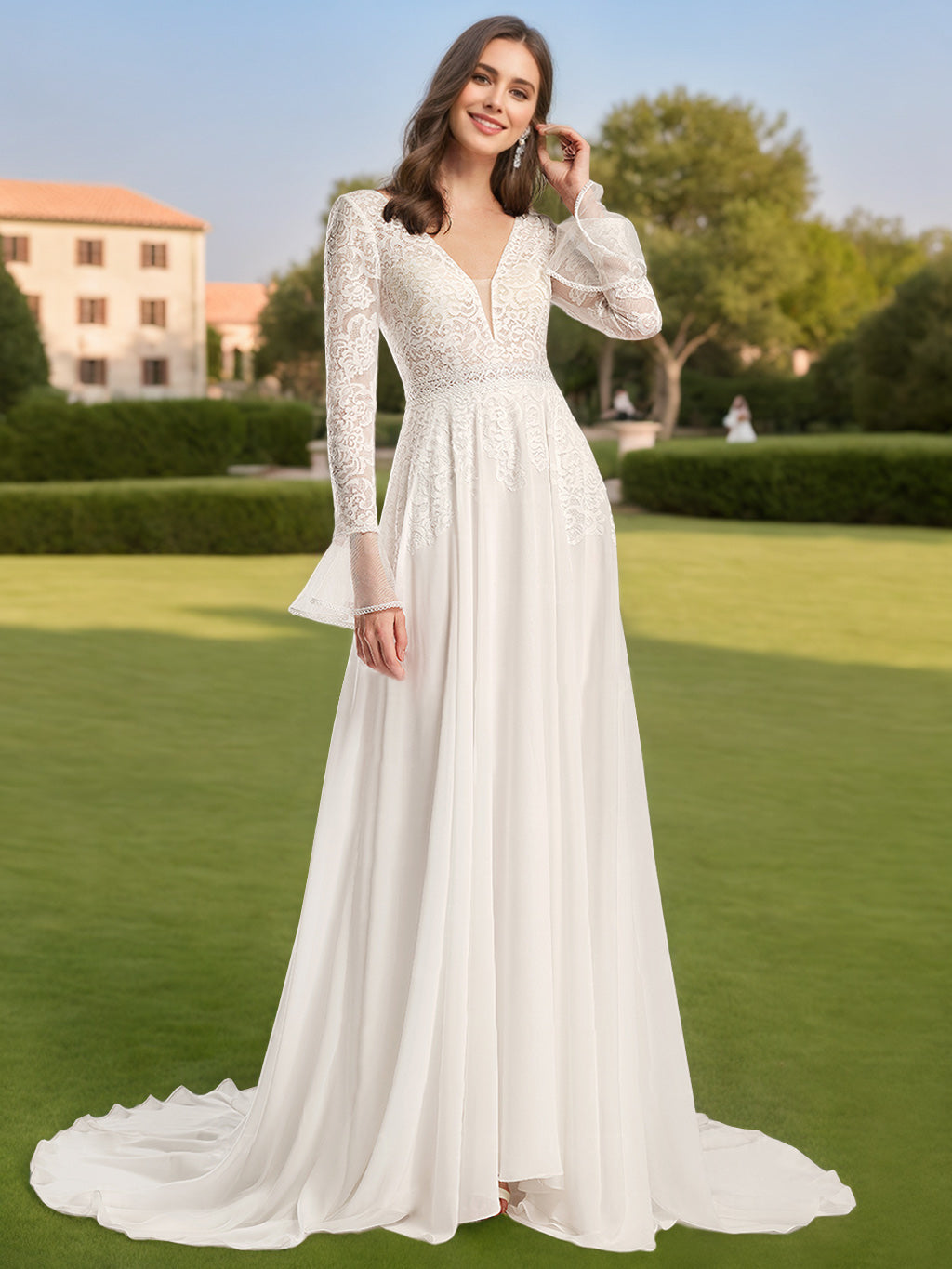 A-Line/Princess Deep V-Neck Long Sleeves Floor Length Wedding Dress with Lace Appliques