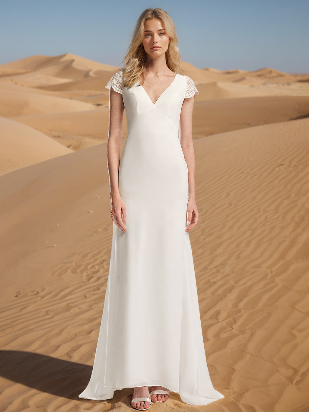 A-Line/Princess V-Neck Short Sleeves Floor-length Wedding Dress