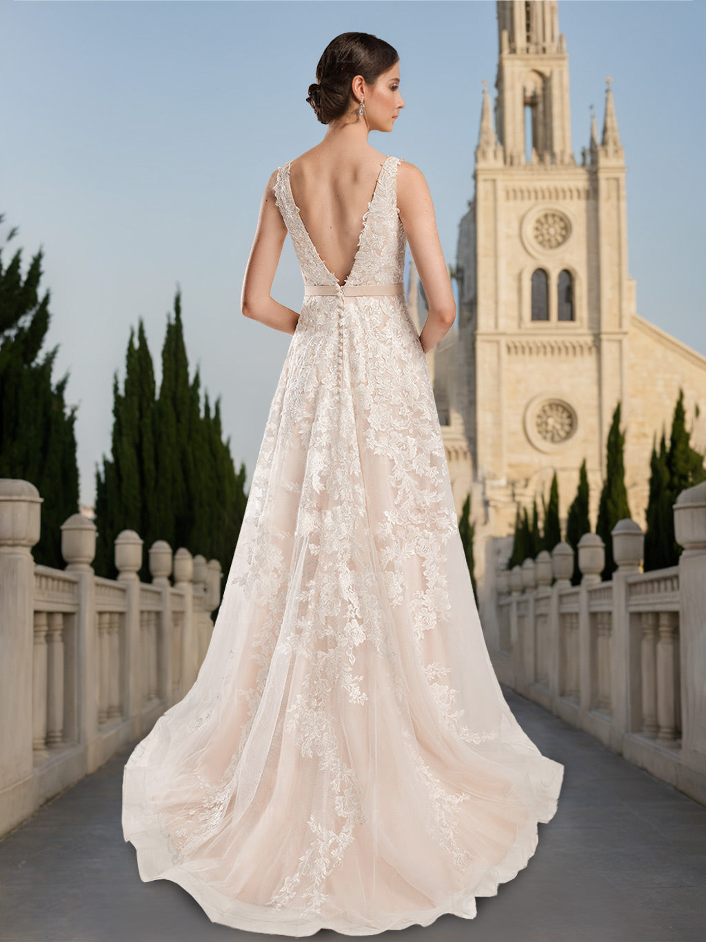 A-Line/PrincessV-Neck Sleeveless Floor-Length Long Wedding Dress with Appliques