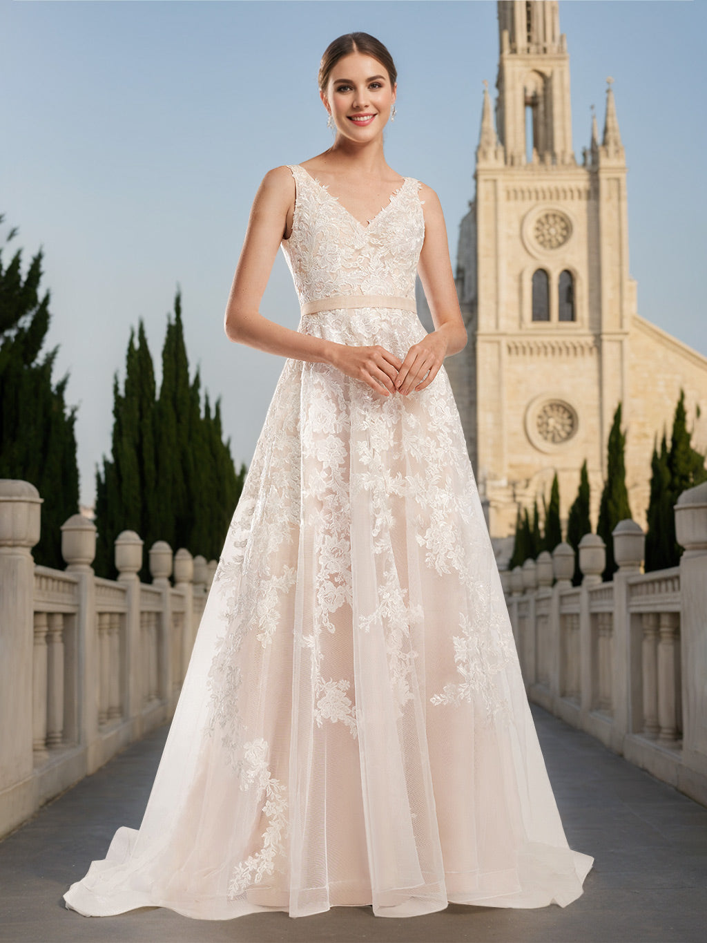 A-Line/PrincessV-Neck Sleeveless Floor-Length Long Wedding Dress with Appliques