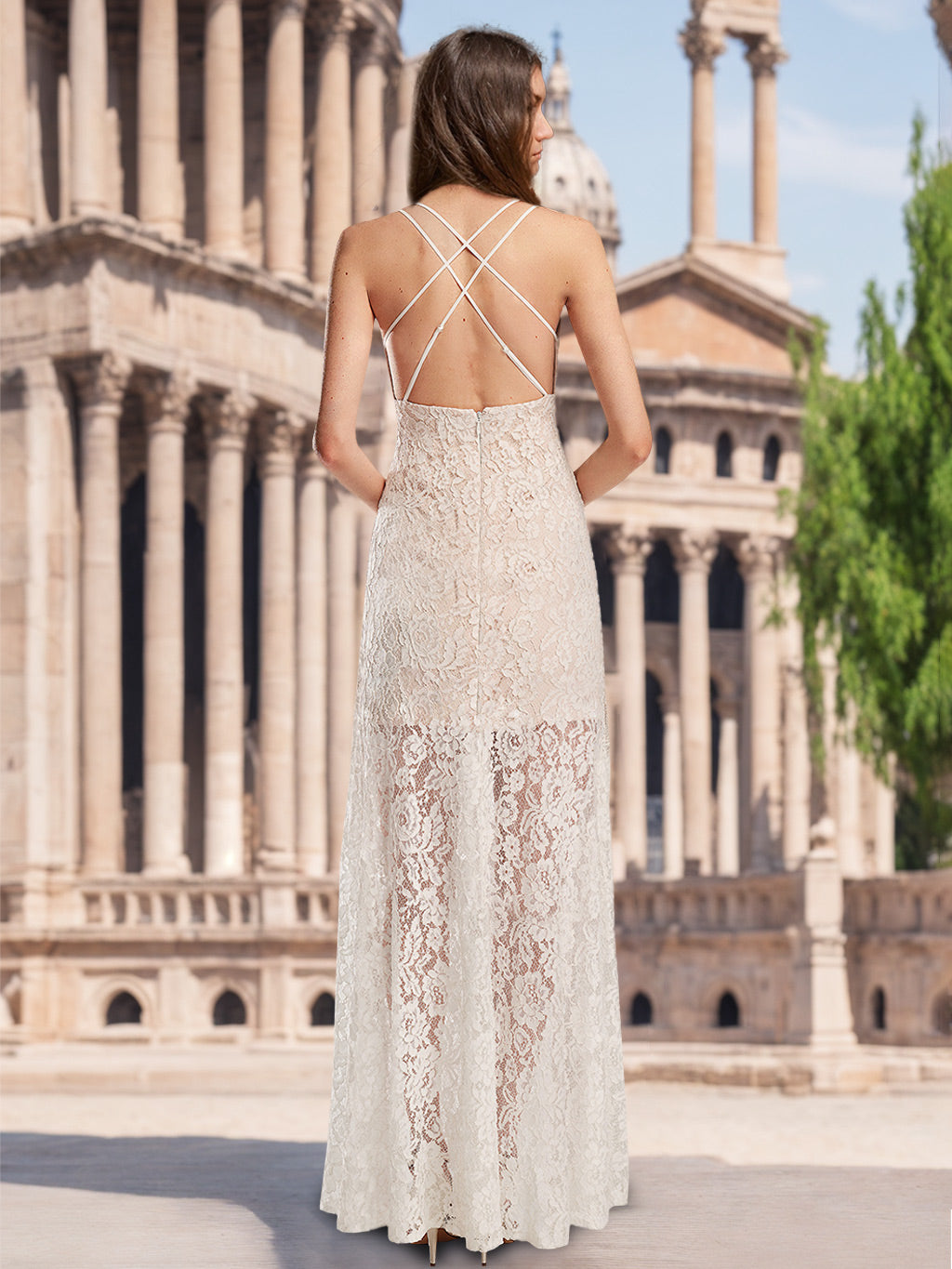 A-Line/Princess Spaghetti Straps V-Neck Sleeveless Floor-Length Wedding Dress with Lace Appliques