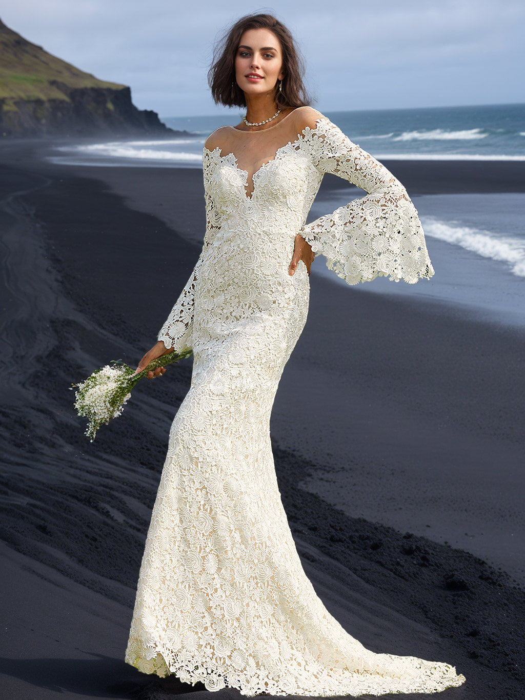 Trumpet/Mermaid Scoop Neck Long Sleeves Floor-length Wedding Dress with Lace Appliques