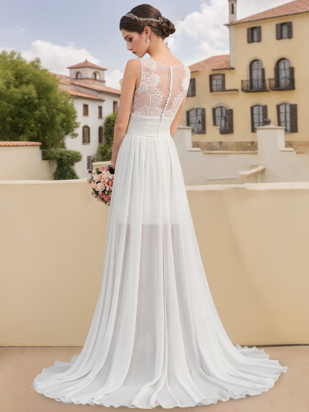 A-Line/Princess Scoop Neck Sleeveless Asymmetrical Wedding Dress with  Lace Appliques