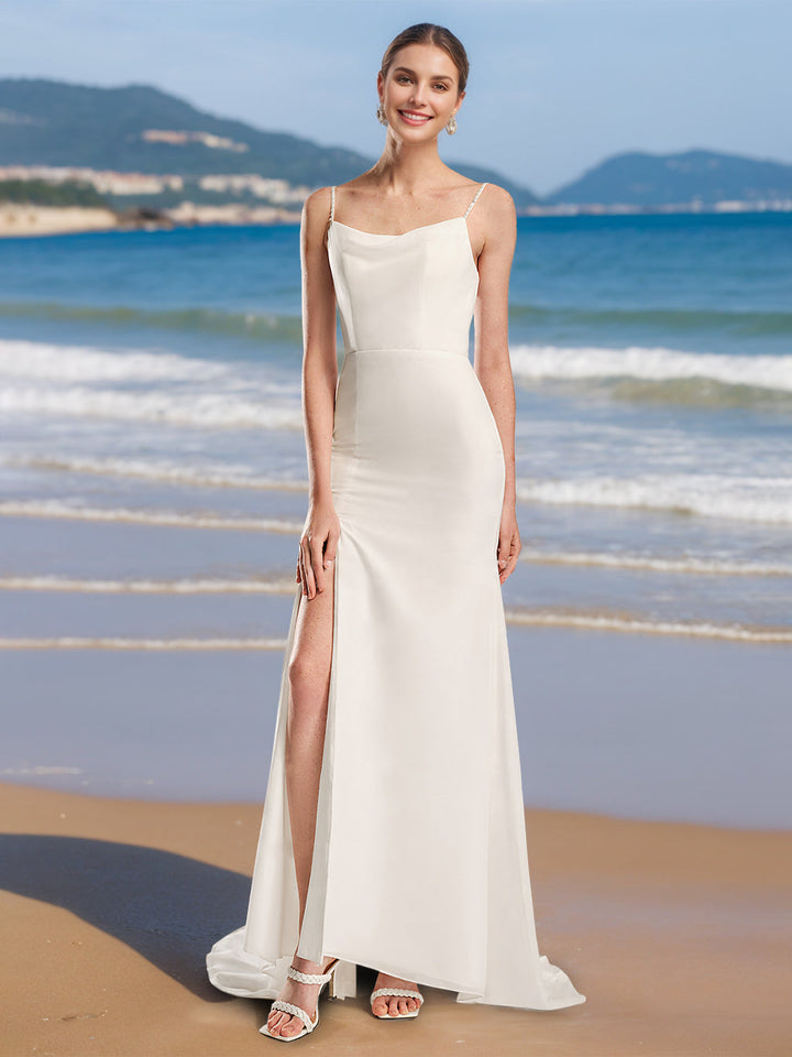 A-Line/Princess Spaghetti Straps Sleeveless Floor-Length Wedding Dress with Split Side