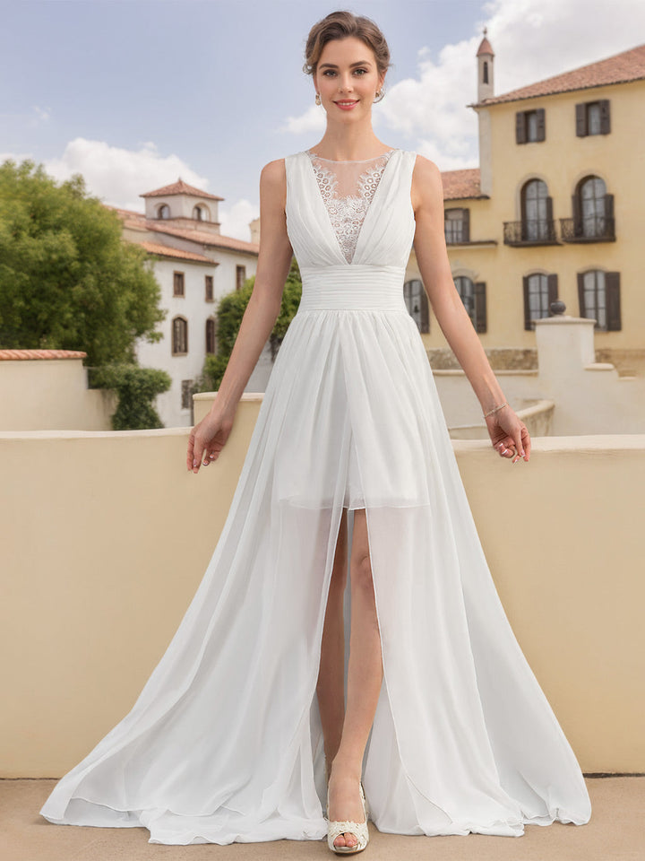 A-Line/Princess Scoop Neck Sleeveless Asymmetrical Wedding Dress with  Lace Appliques