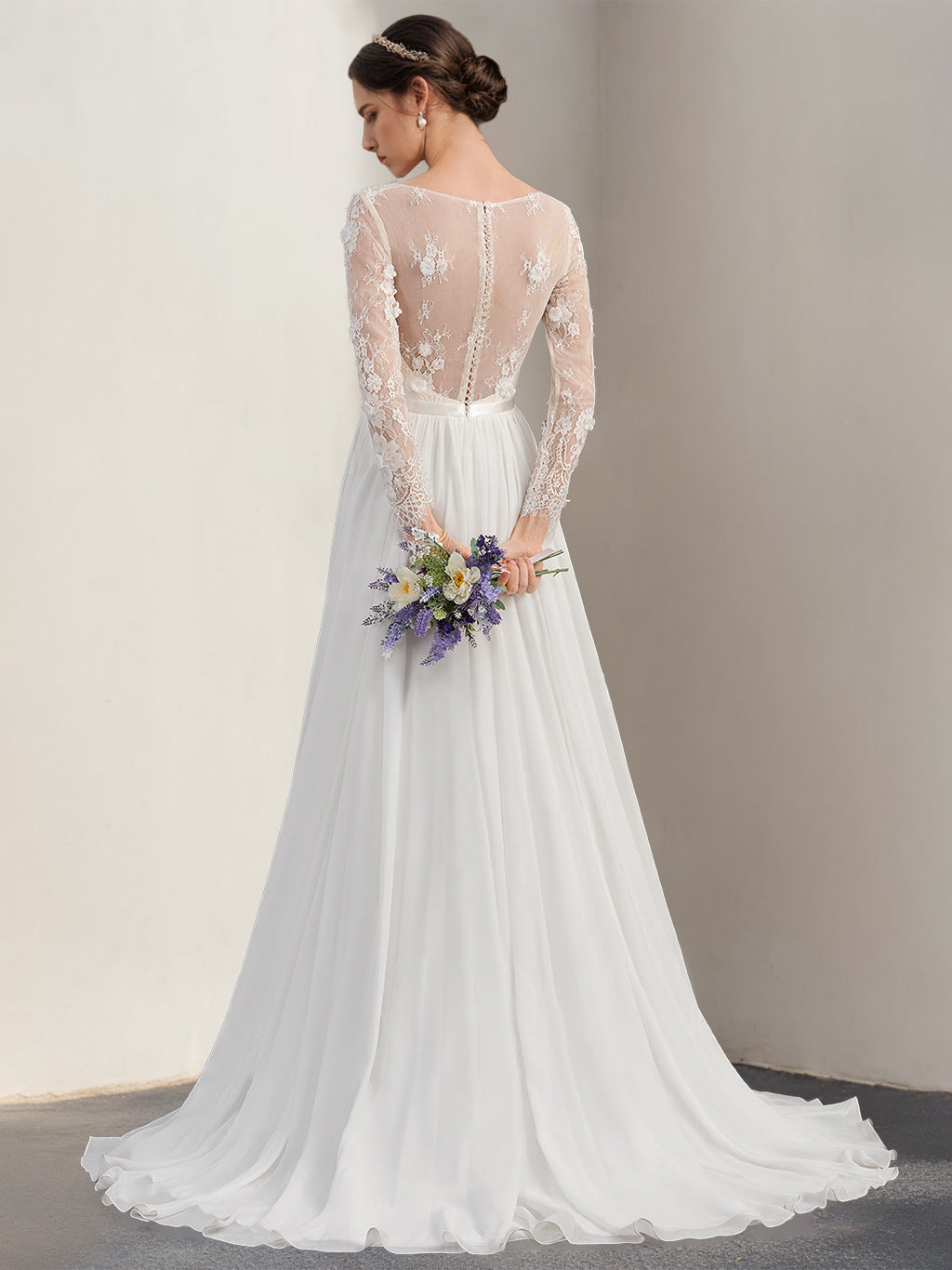 A-Line/Princess Deep V-Neck Long Sleeves Floor-Length Unique Wedding Dress with Lace Appliques