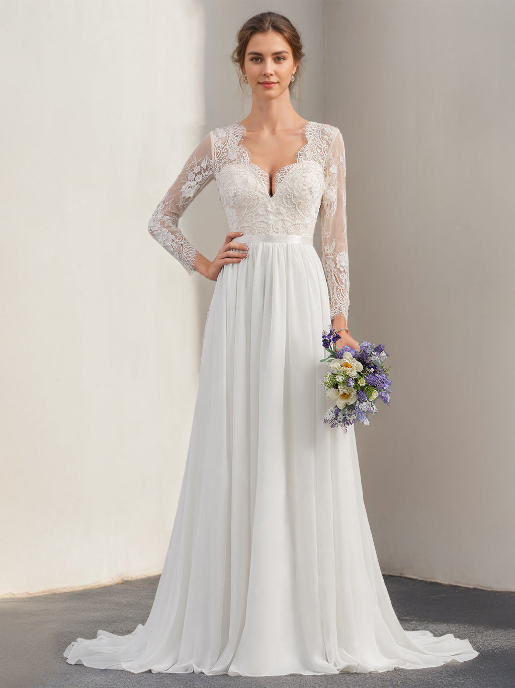 A-Line/Princess Deep V-Neck Long Sleeves Floor-Length Unique Wedding Dress with Lace Appliques