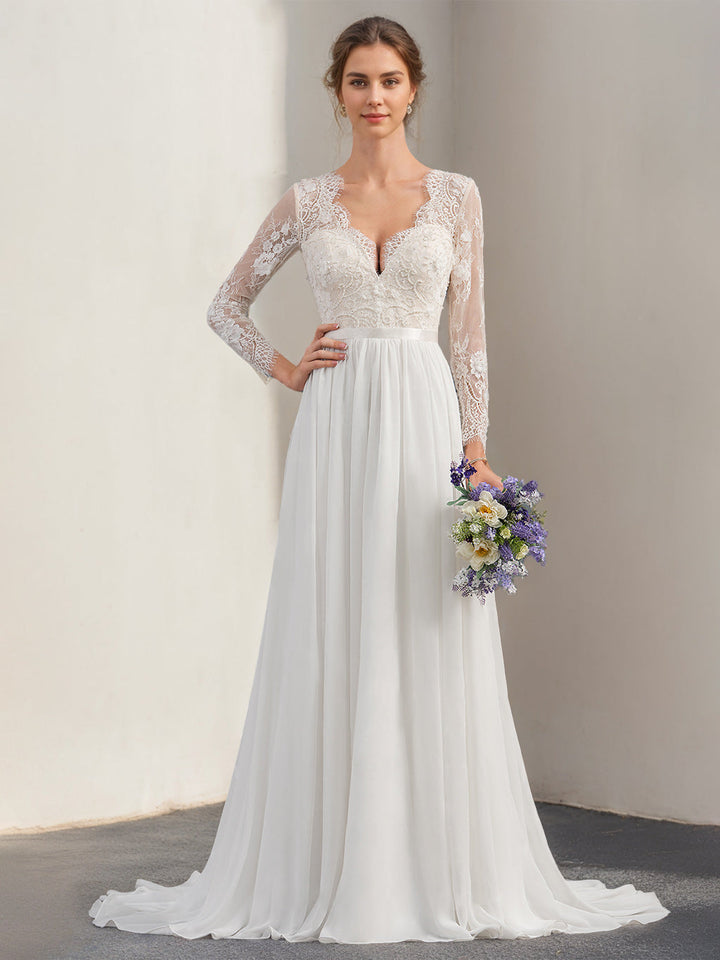 A-Line/Princess Deep V-Neck Long Sleeves Floor-Length Unique Wedding Dress with Lace Appliques