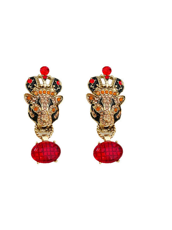 Diamond Tiger Head Crown Earrings High-end Light Luxury Style Retro Earrings