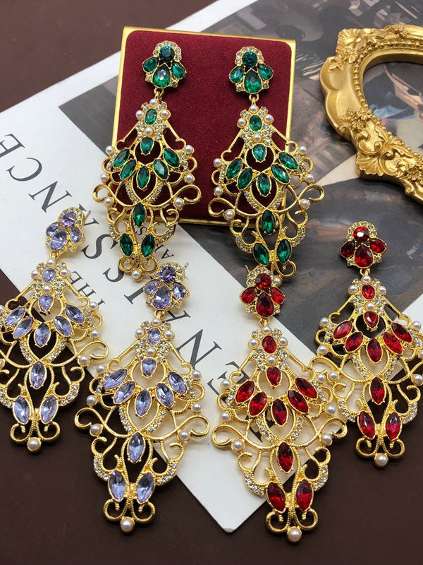 Hollow Carved Pattern Gemstones Light Luxury Gold-plated Shoulder-sweep Earrings