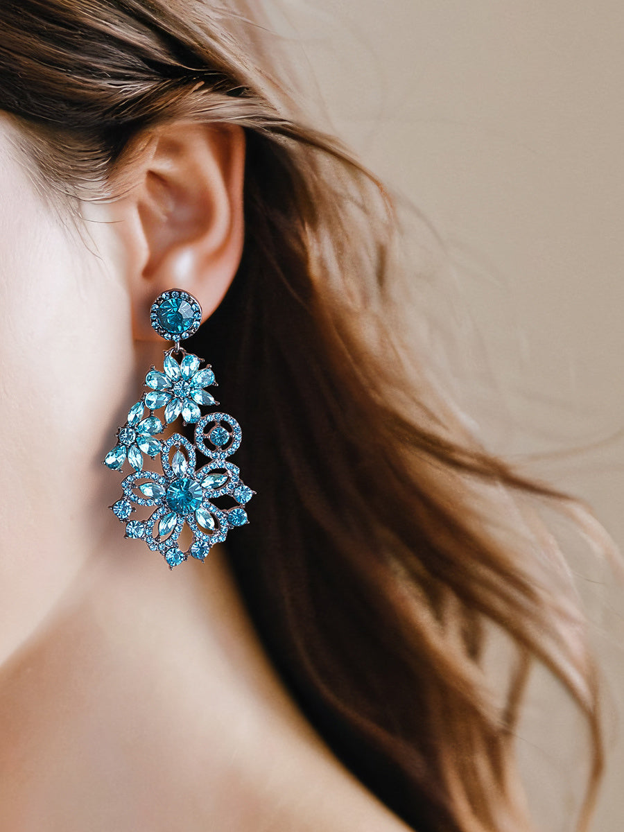 European And American Blue Diamond Flower Light Luxury High-end Earrings For Woman