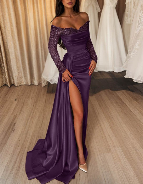 Sheath/Column Off-the-Shoulder Floor-length Long Prom Dresses With Split Side & Sequins