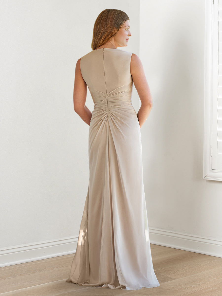 Sheath/Column V-Neck Sleeveless Floor-Length Mother of the Bride Dresses with Wraps & Ruffles