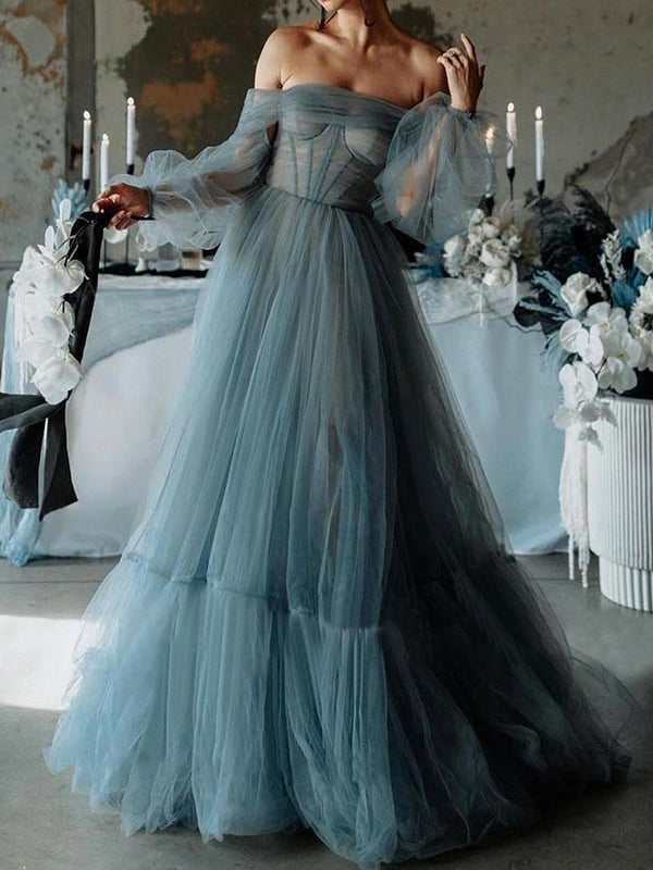 A-Line/Princess Off-the-shoulder Sweetheart Floor Length Tulle Prom Dresses