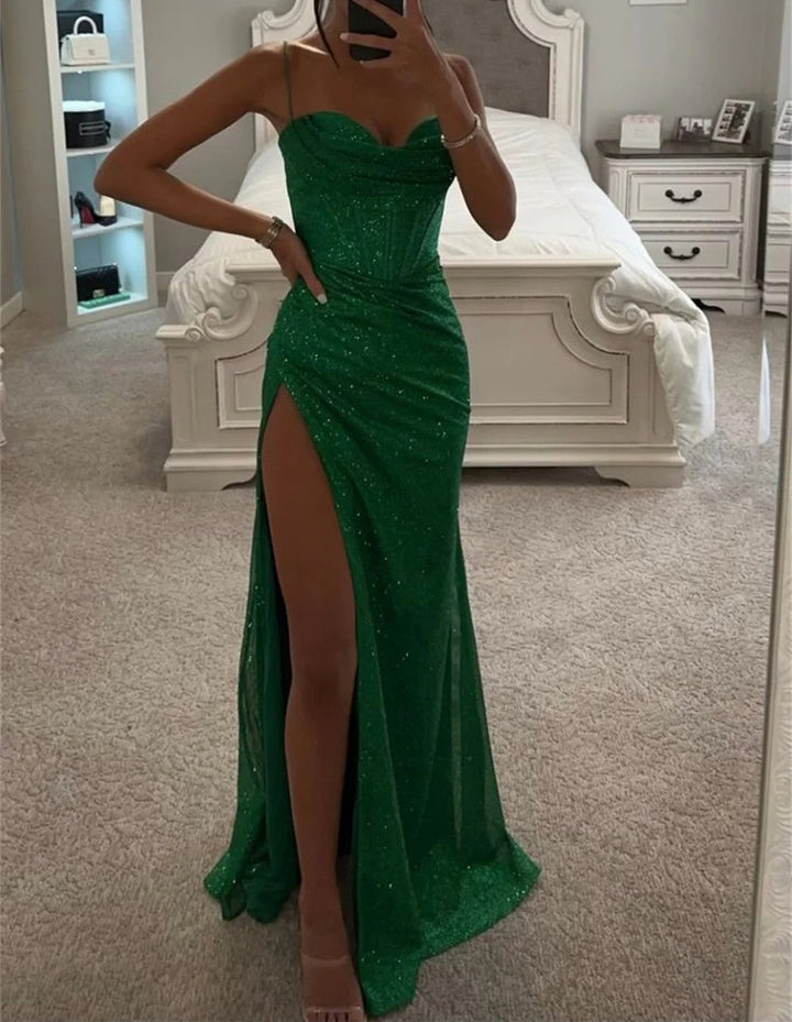 Sheath/Column Spaghetti Straps Floor-length Long Prom Dresses With Split Side