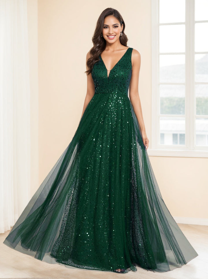 A-Line/Princess V-Neck Sleeveless High Waist Floor-length Evening Dresses