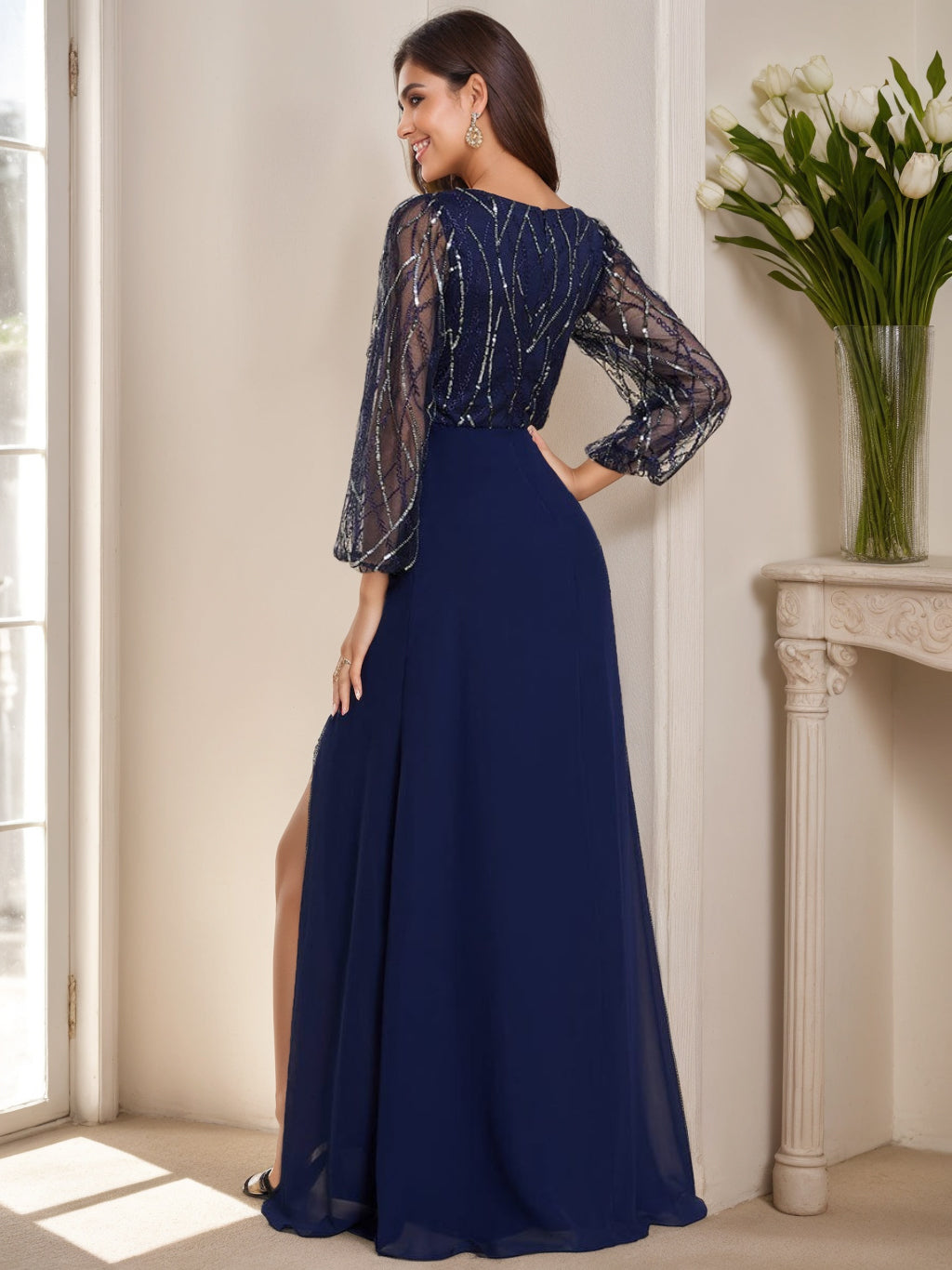 A-Line/Princess V-Neck Long Sleeves Floor Length Mother of the Bride Dresses with Split