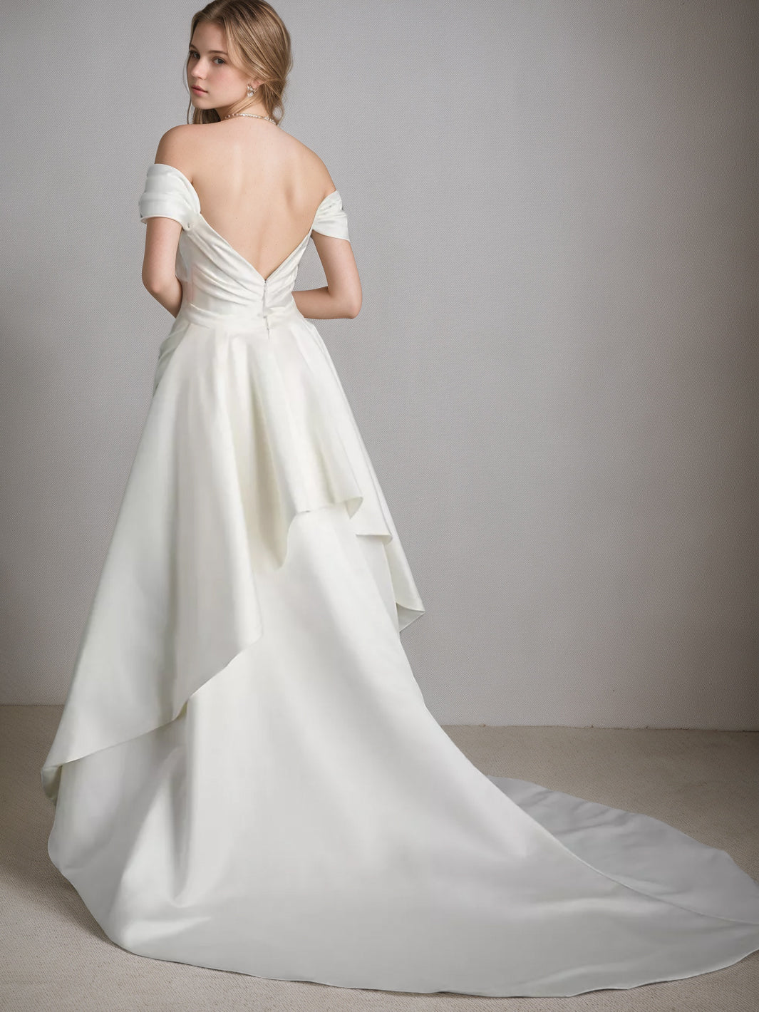 A Line/Princess Off-the-shoulder Short Sleeve Asymmetrical Elegant Wedding Dresses