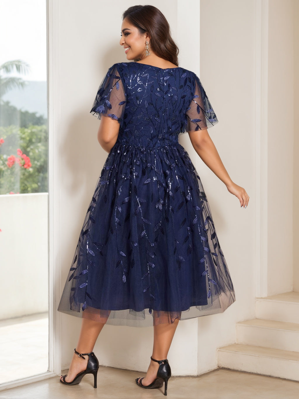 A-Line/Princess V-Neck Short Sleeves Tea Length Mother of the Bride & Groom Dresses