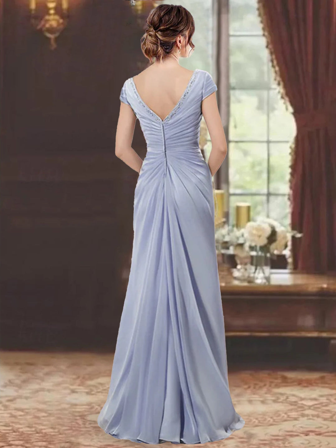 Sheath/Column V-Neck Floor-Length Mother of the Bride Dresses with Short Sleeves