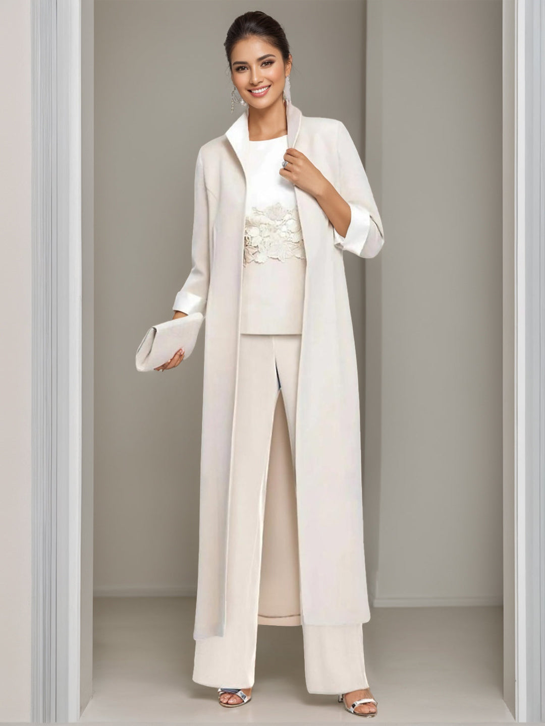 3 Pieces Square-Neck Ankle Length Mother of the Bride Pantsuits with Jacket & Appliques Lace