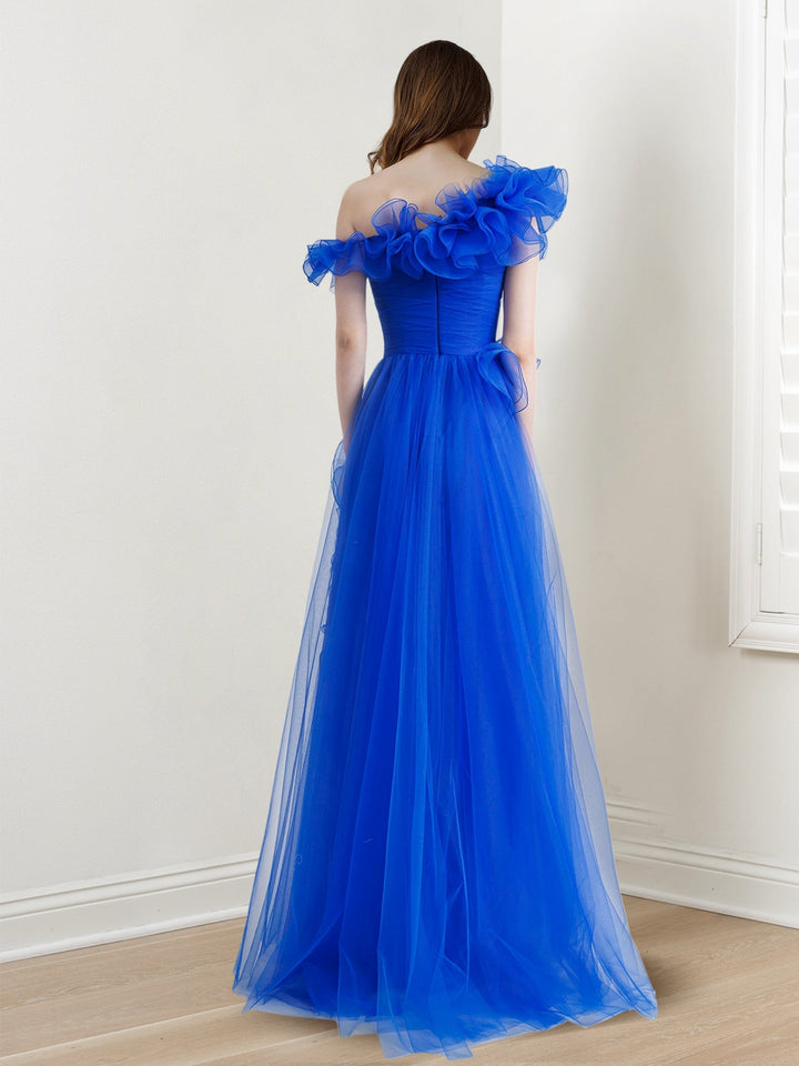 A-Line/Princess One-Shoulder Sleeveless Floor-length Long Prom Dresses Whit Ruffles