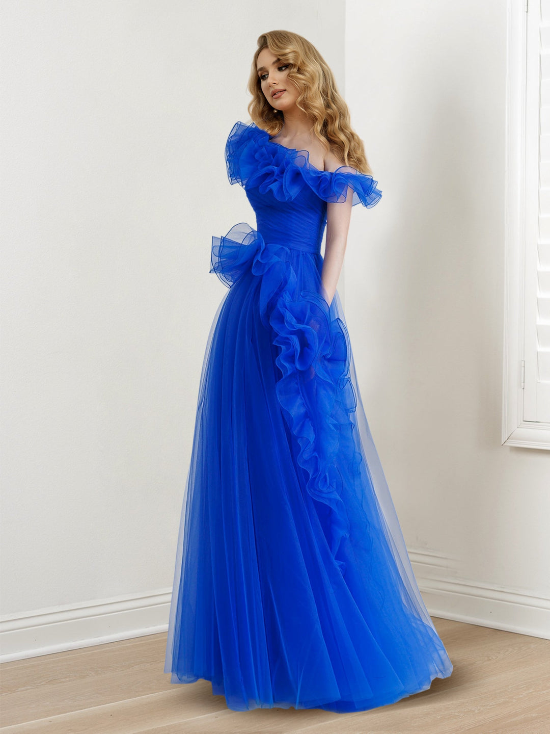 A-Line/Princess One-Shoulder Sleeveless Floor-length Long Prom Dresses Whit Ruffles