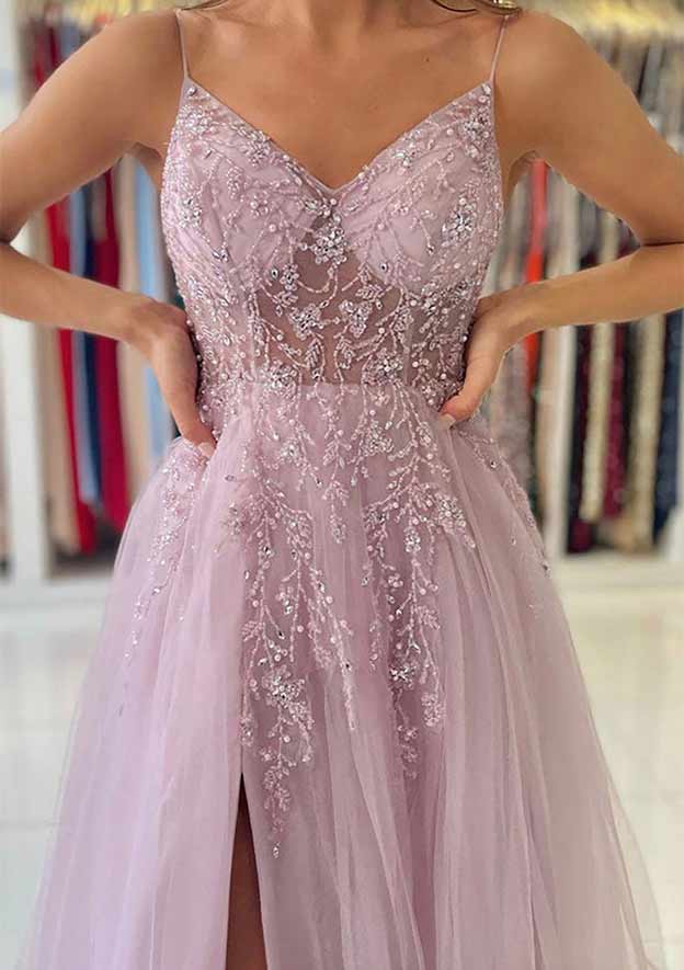 A-Line/Princess V-Neck Spaghetti Straps Long Prom Dresses With Split Side