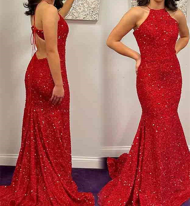 Mermaid/Trumpet Halter Sleeveless Long Prom Dresses With Sequins