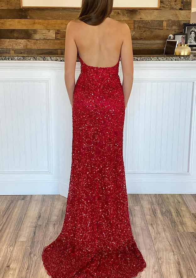 Sheath/Column V-Neck Halter Sleeveless Floor-Length Long Prom Dresses with Split Side