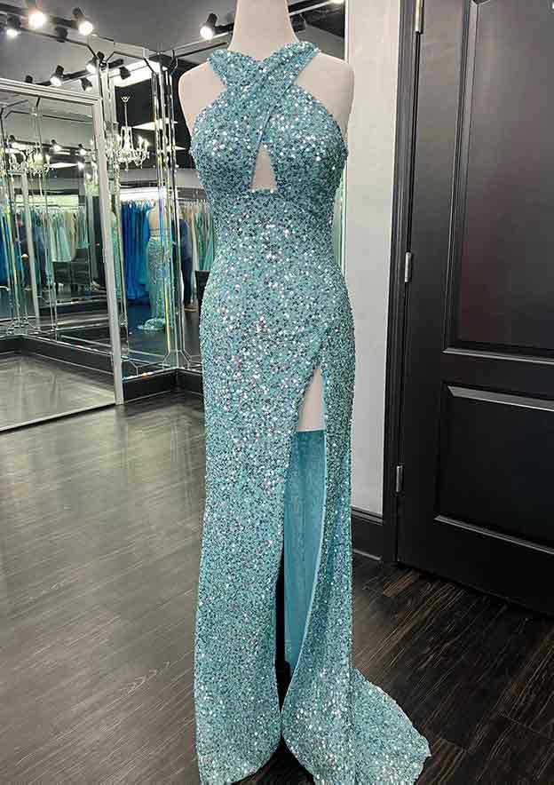 Sheath/Column Halter Floor-length Prom Dresses