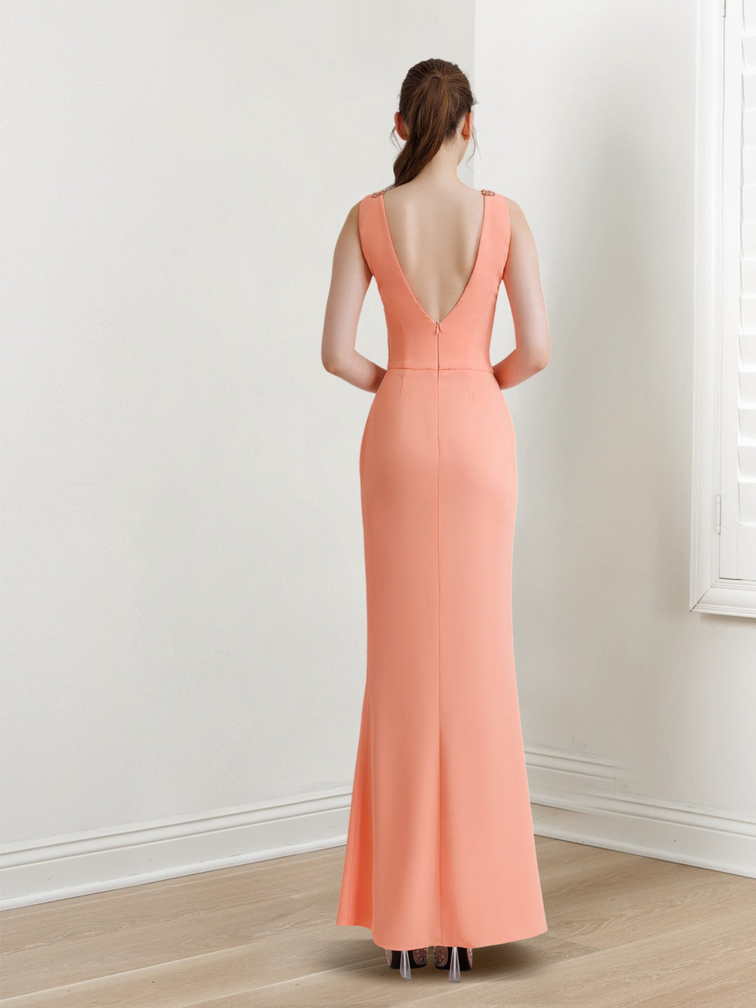 Sheath/Column V-Neck Sleeveless Floor-Length Long Evening Dresses with Split Side