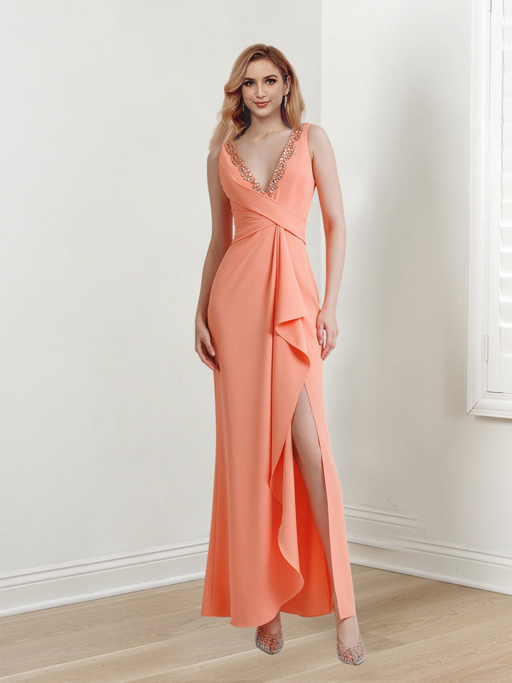 Sheath/Column V-Neck Sleeveless Floor-Length Long Evening Dresses with Split Side