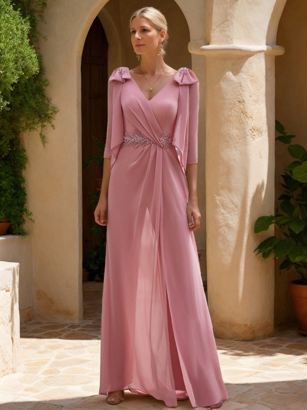 A-Line/Princess V-Neck Chiffon Mother of the Bride Jumpsuit Floor-Length Ruched 3/4 Sleeves