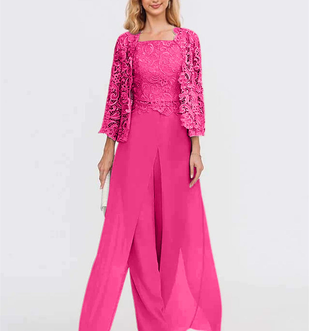 Chiffon Square Neck Floor-Length Mother of the Bride Pantsuits with Jacket & Split Side